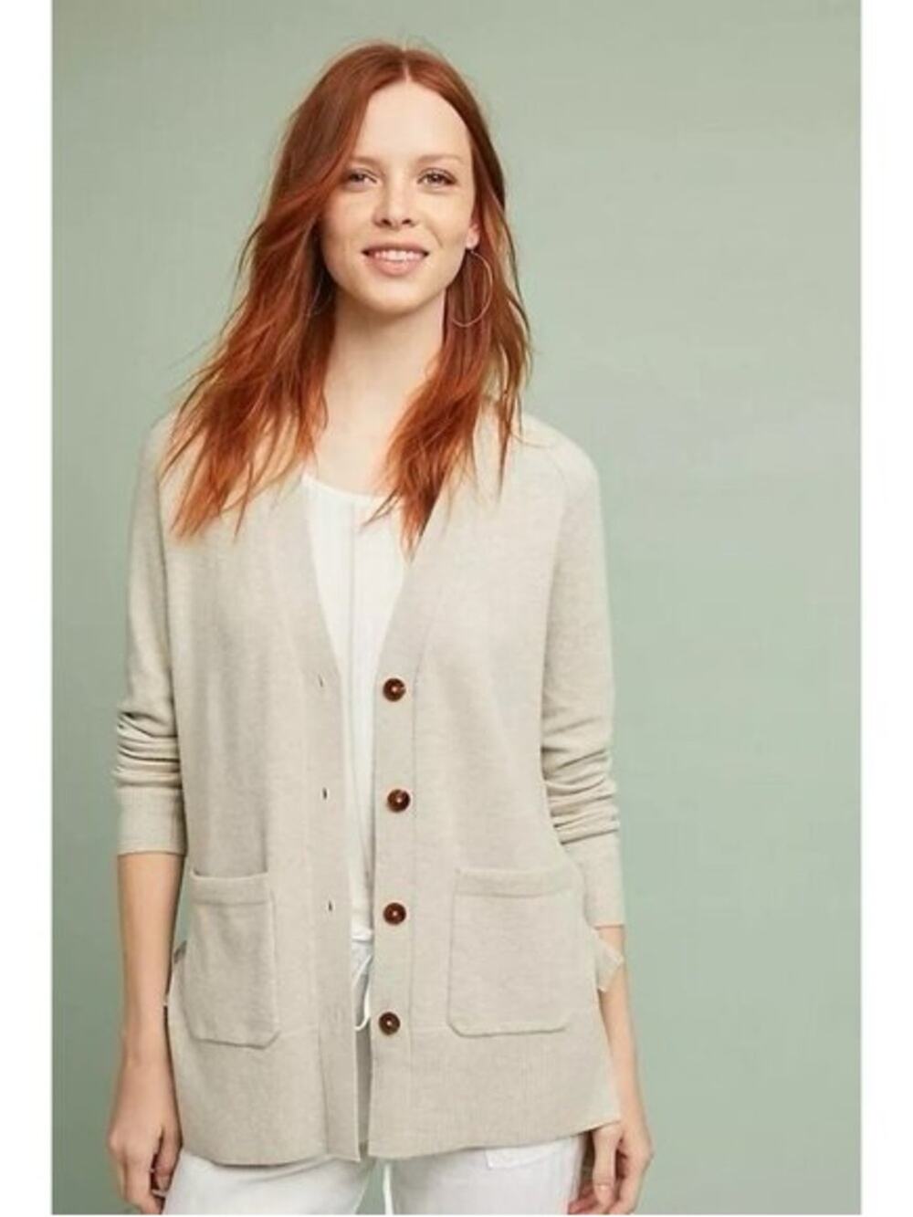 Anthropologie Tan Button Front Side Tie Cardigan Sweater Size Large